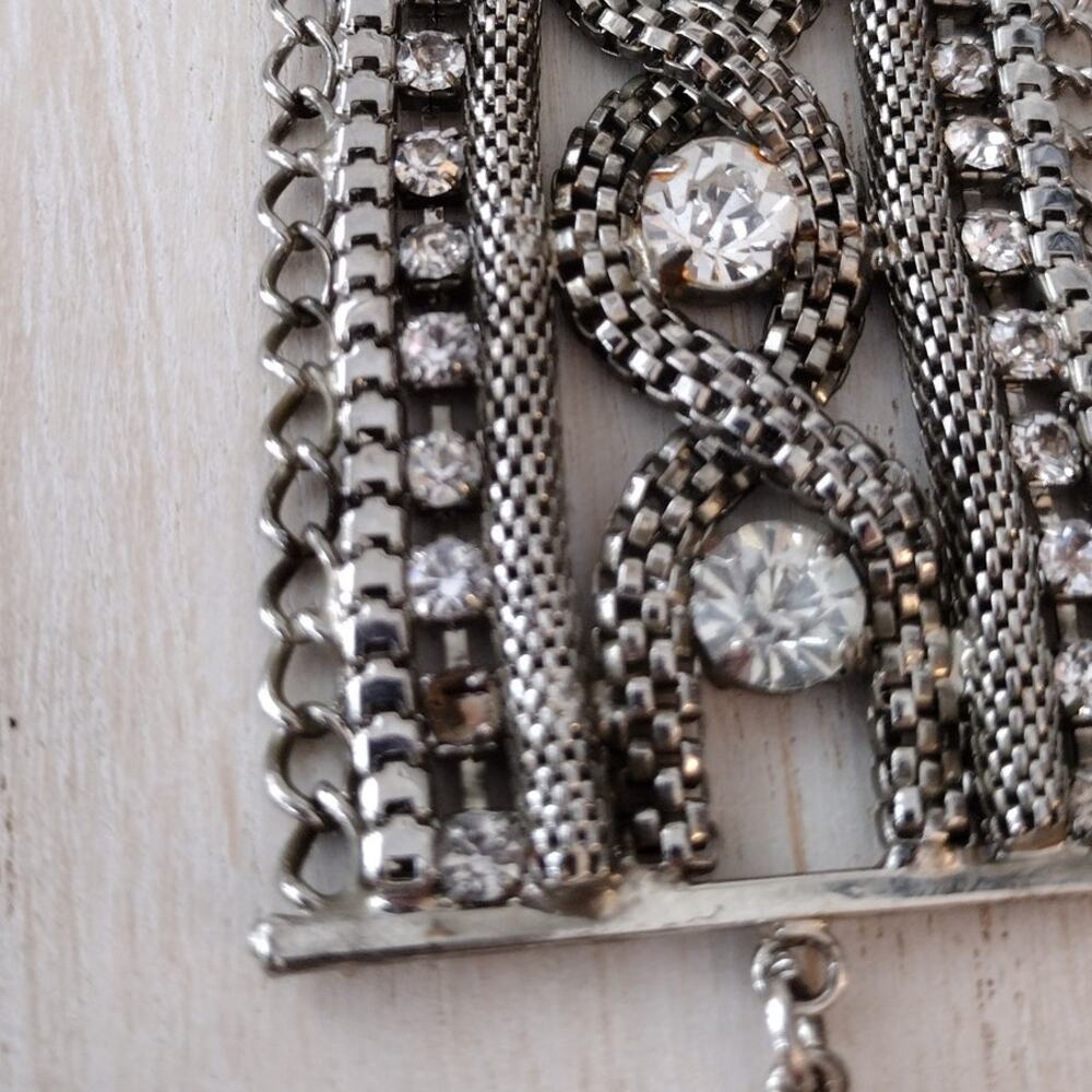 Vintage-Style Wide Silver/Pewter-Tone Cuff Bracelet with Rhinestones Accents - Picture 10 of 11